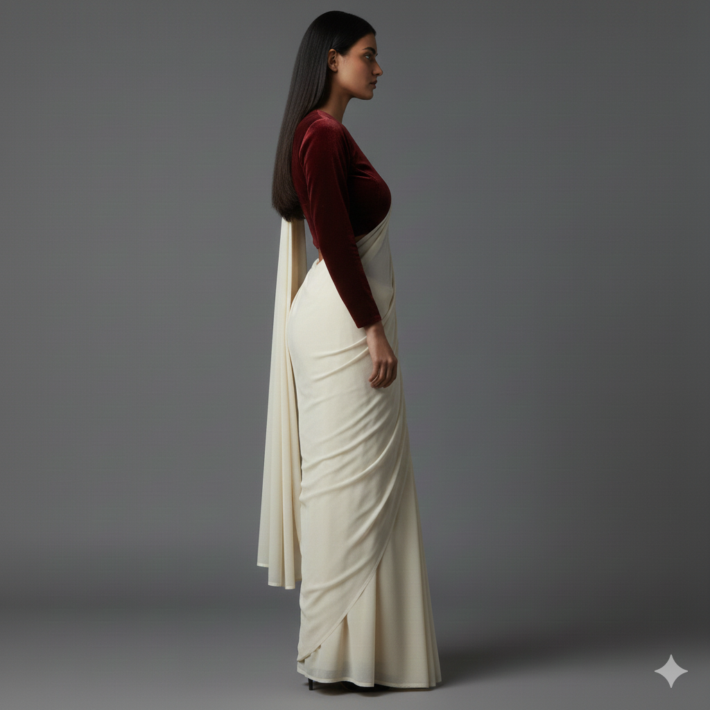 Cream georgette saree styled with red velvet blouse for bold festive contrast