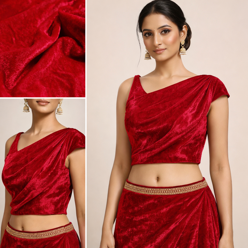 Solid Velvet Fabric for Blouse – Plain Unstitched Velvet Cloth – Red – 1 Meter