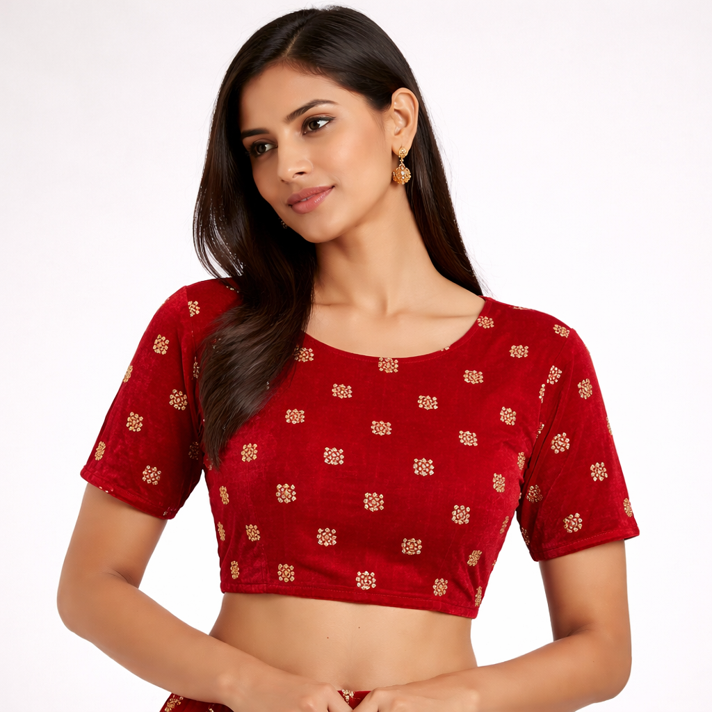 Red Square Embroidery Velvet Fabric – Designer Work | 1 Meter