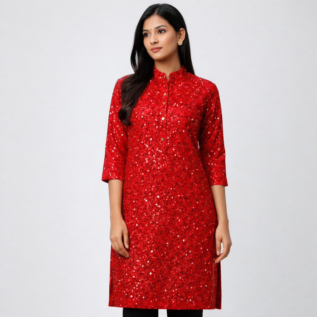 Red Sequin Velvet Fabric – Premium Party Wear Finish | 1 Meter