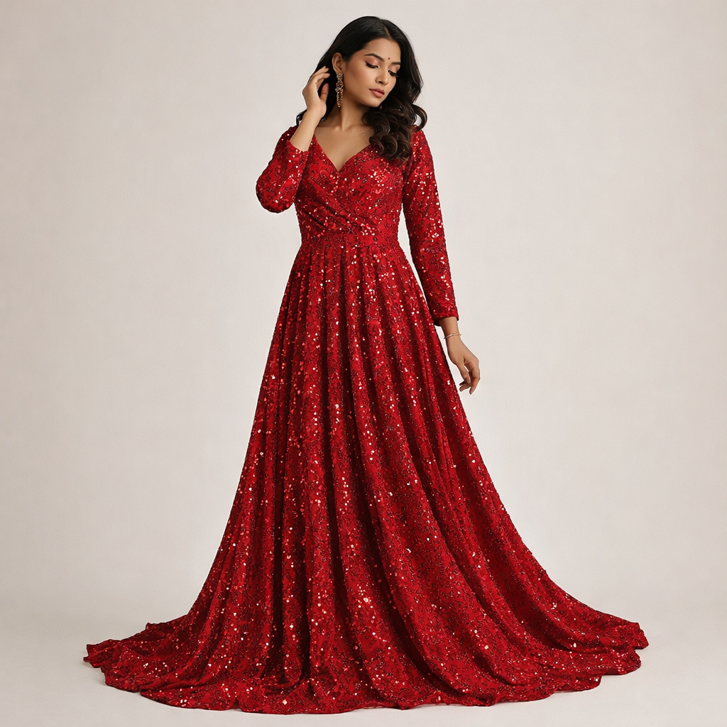 Red Sequin Velvet Fabric – Premium Party Wear Finish | 1 Meter
