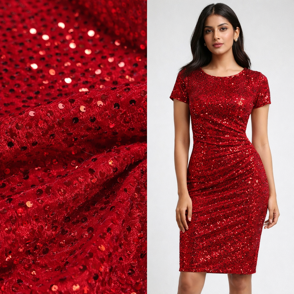 Red Sequin Velvet Fabric – Premium Party Wear Finish | 1 Meter