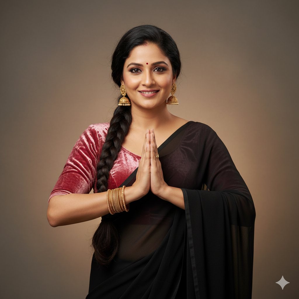 Black georgette saree paired with rose velvet blouse for soft elegant contrast