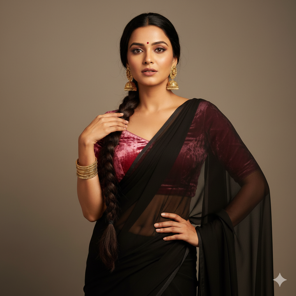 Black georgette saree paired with rose velvet blouse for soft elegant contrast