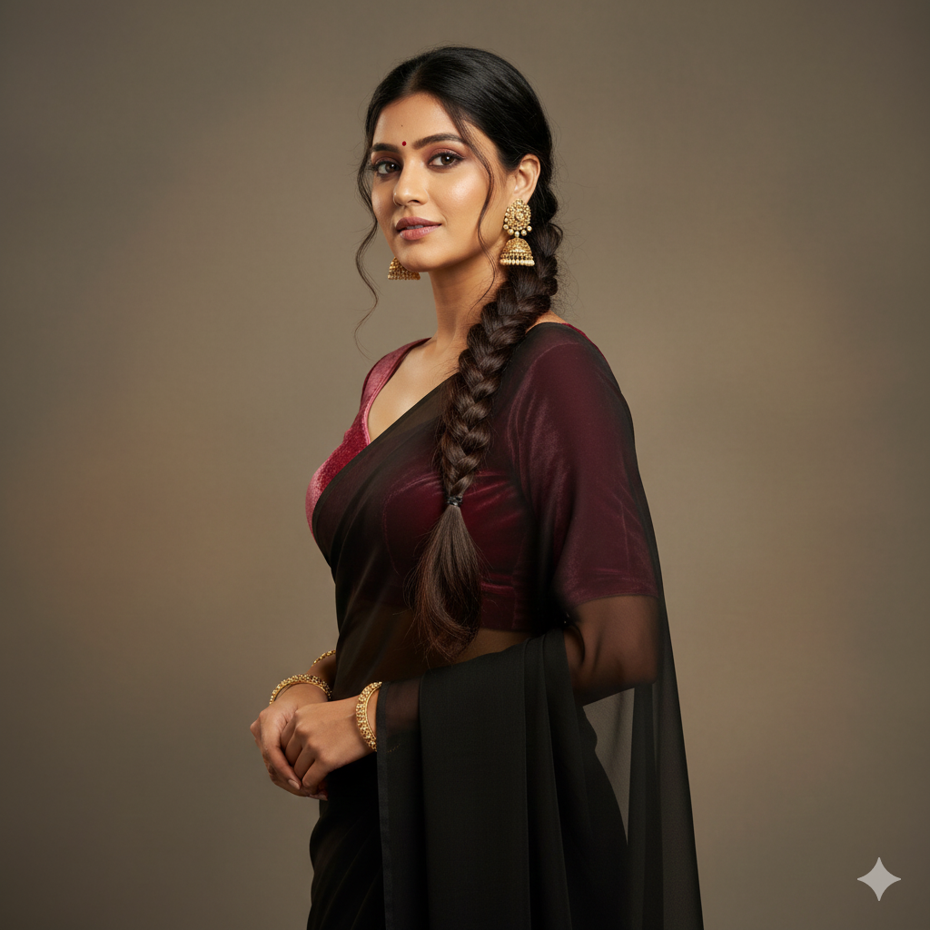 Black georgette saree paired with rose velvet blouse for soft elegant contrast