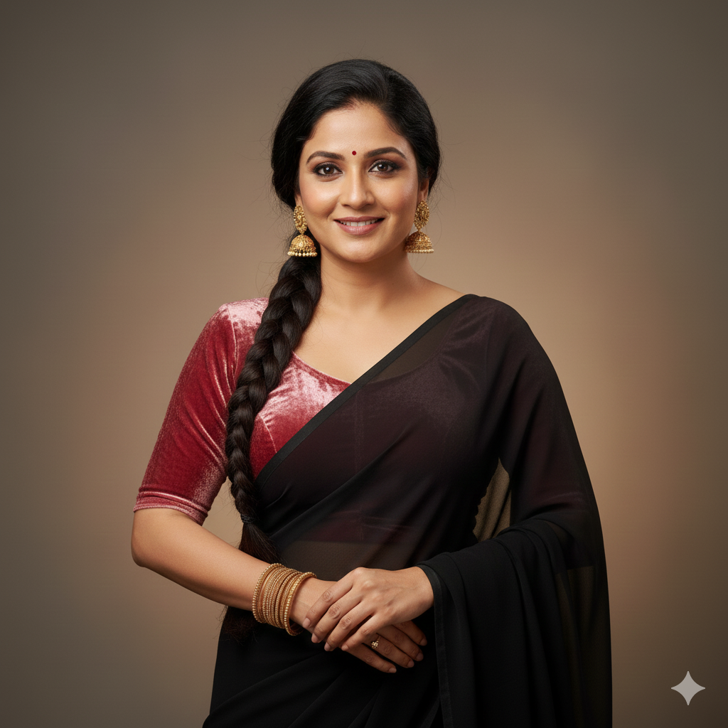 Black georgette saree paired with rose velvet blouse for soft elegant contrast