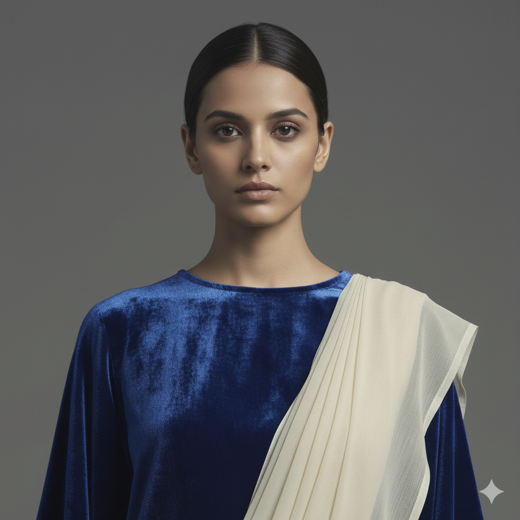 Cream georgette saree paired with royal blue velvet blouse for regal contrast look