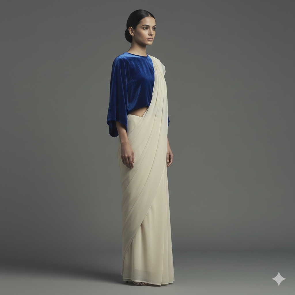 Cream georgette saree paired with royal blue velvet blouse for regal contrast look