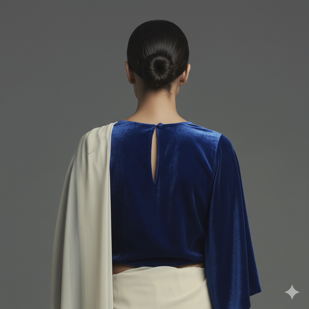 Cream georgette saree paired with royal blue velvet blouse for regal contrast look