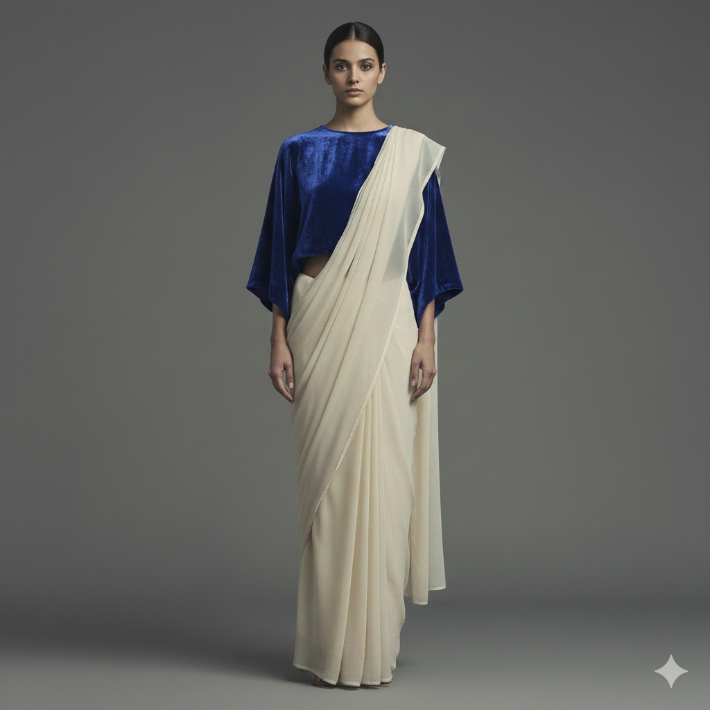 Cream georgette saree paired with royal blue velvet blouse for regal contrast look