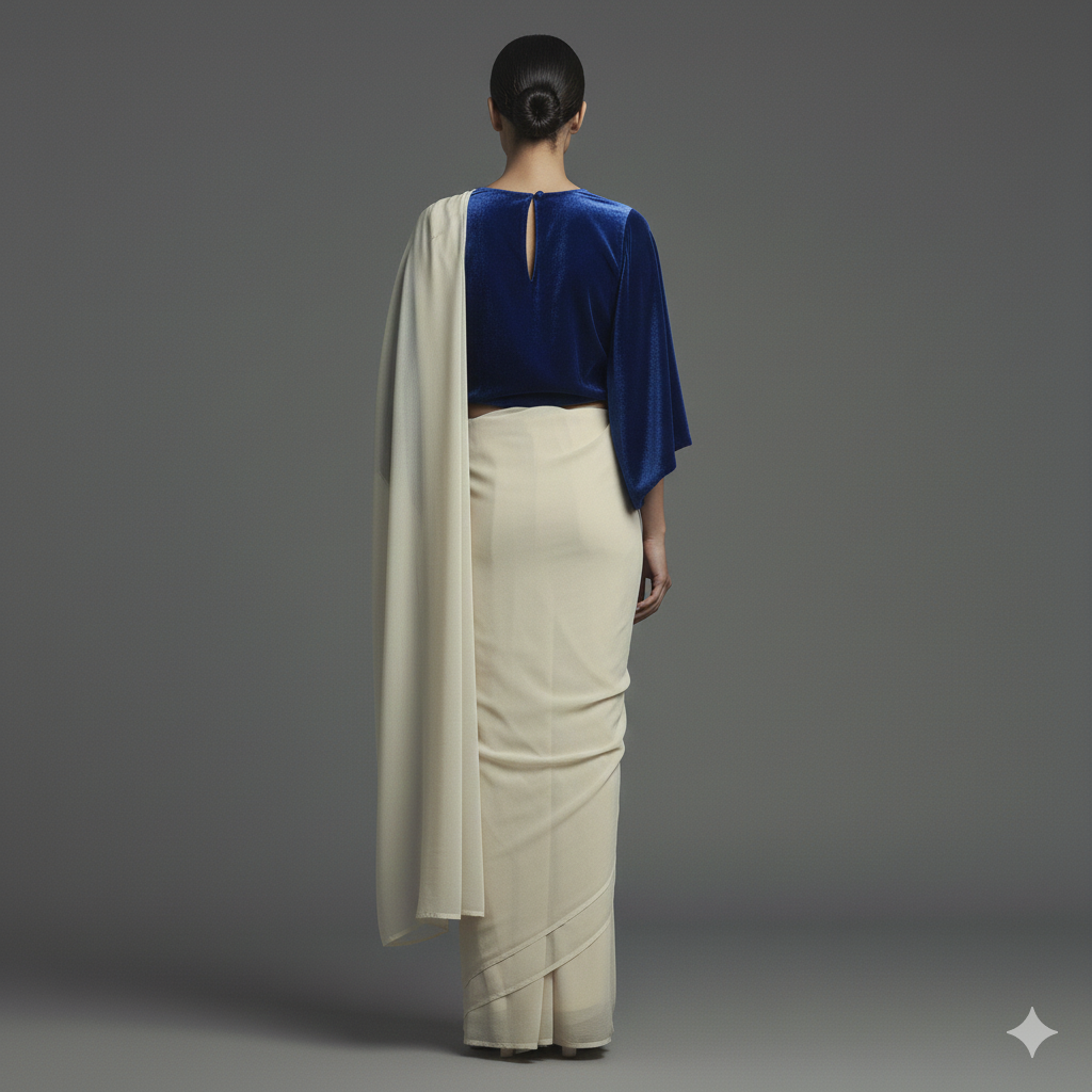 Cream georgette saree paired with royal blue velvet blouse for regal contrast look