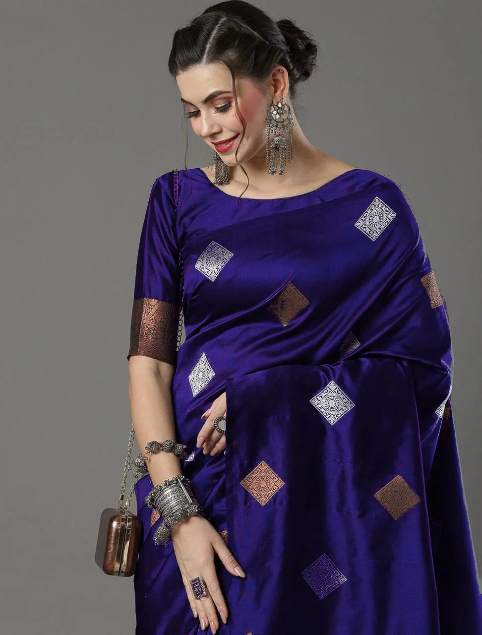Banarasi Soft Silk Saree with Heavy Brocade & Copper-Silver Zari Weaving