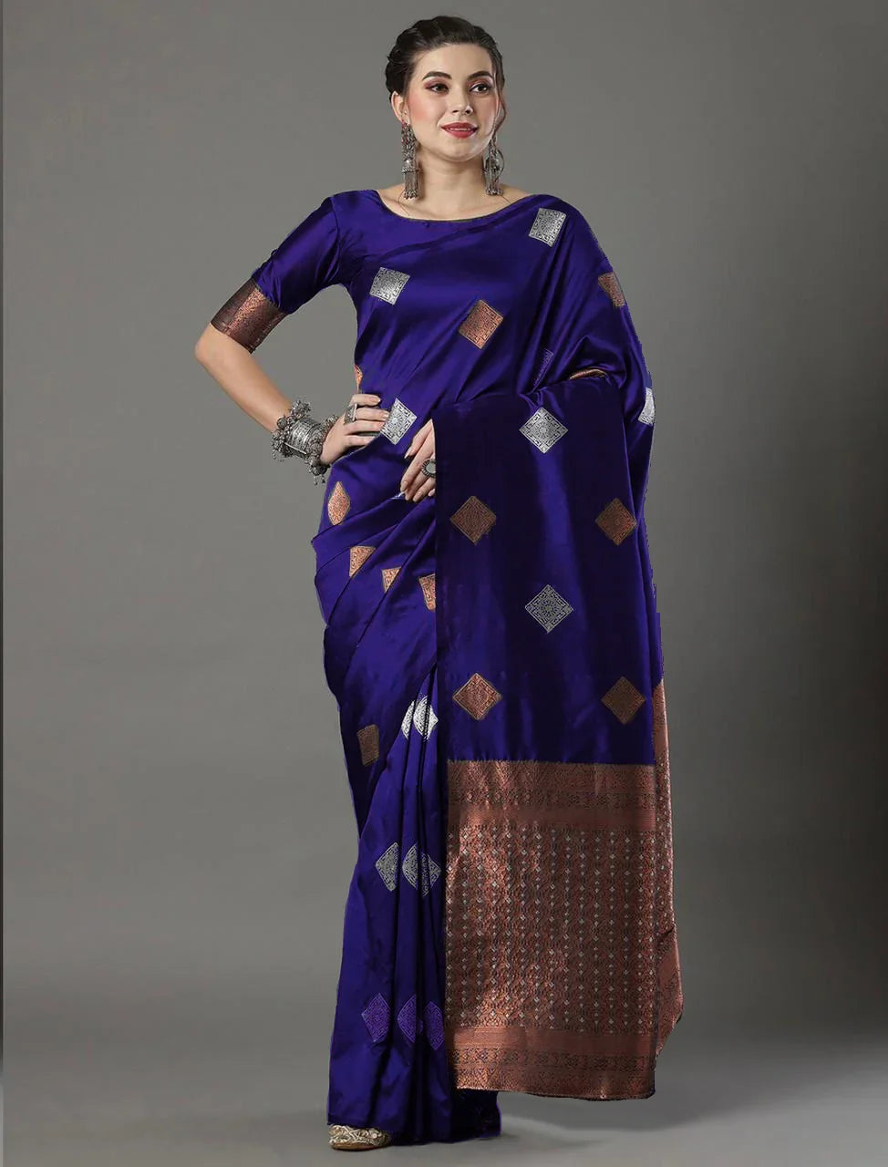 Banarasi Soft Silk Saree with Heavy Brocade & Copper-Silver Zari Weaving