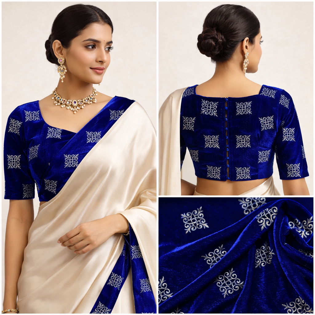 Royal Blue Kite Embroidery Velvet Fabric – Designer Work | 1 Meter