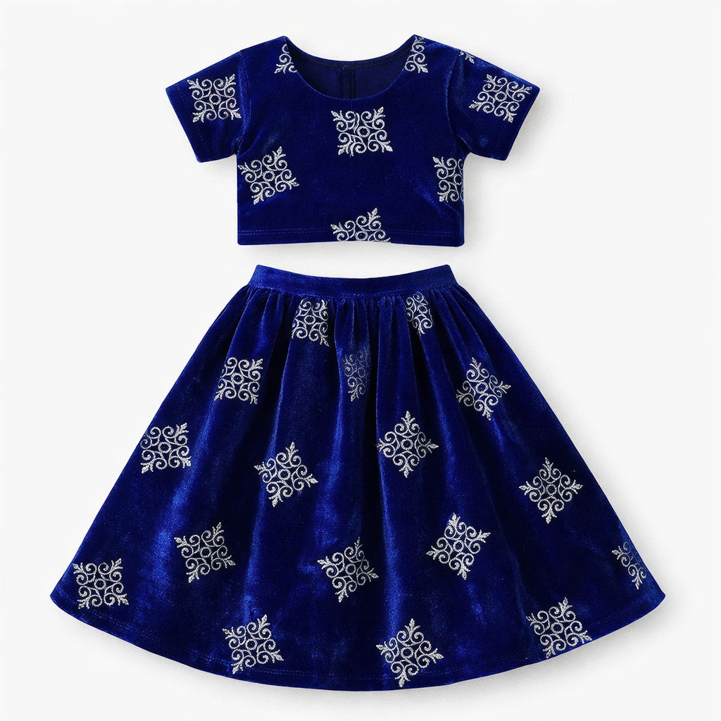 Royal Blue Kite Embroidery Velvet Fabric – Designer Work | 1 Meter
