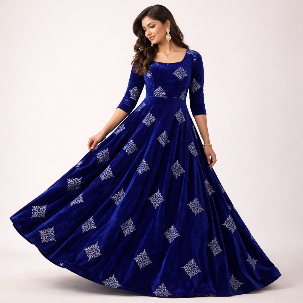 Royal Blue Kite Embroidery Velvet Fabric – Designer Work | 1 Meter