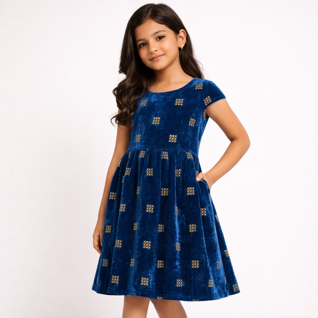 Royal Blue Square Embroidery Velvet Fabric – Designer Work | 1 Meter