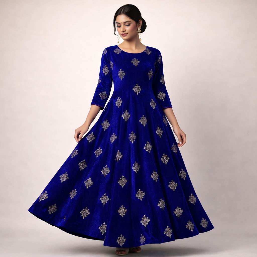 Royal Blue Kite Embroidery Velvet Fabric – Designer Work | 1 Meter