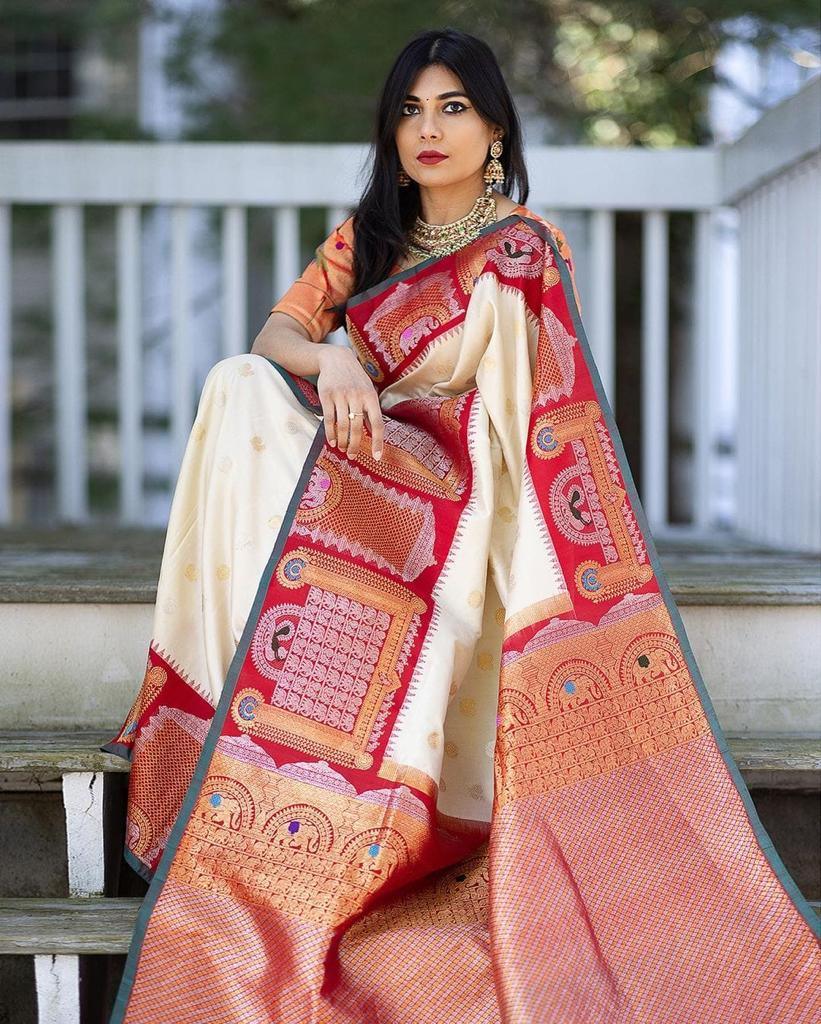 Woman wearing a traditional saree with intricate patterns outdoors.