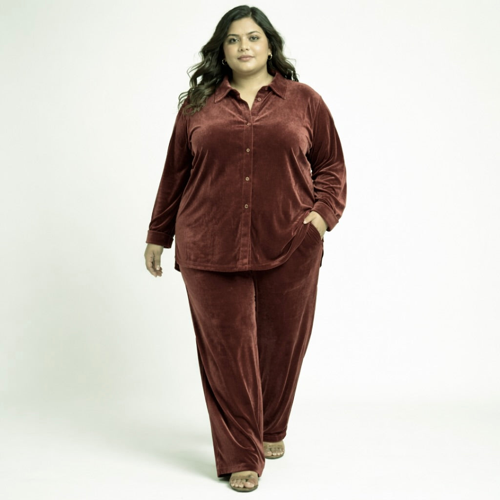 Rose Solid Velvet Plus Size Pant Shirt Co-Ord Set for Women – 5XL
