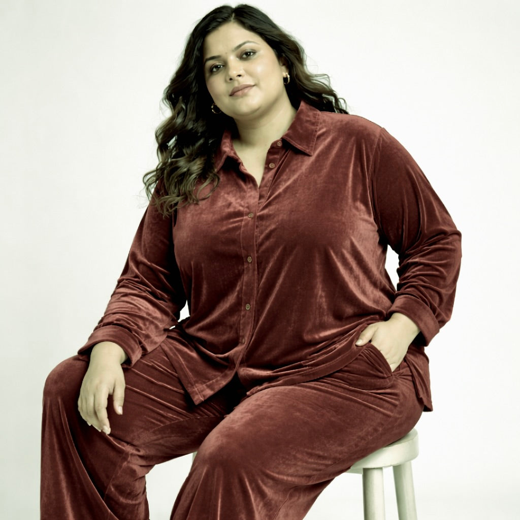 Rose Solid Velvet Plus Size Pant Shirt Co-Ord Set for Women – 5XL