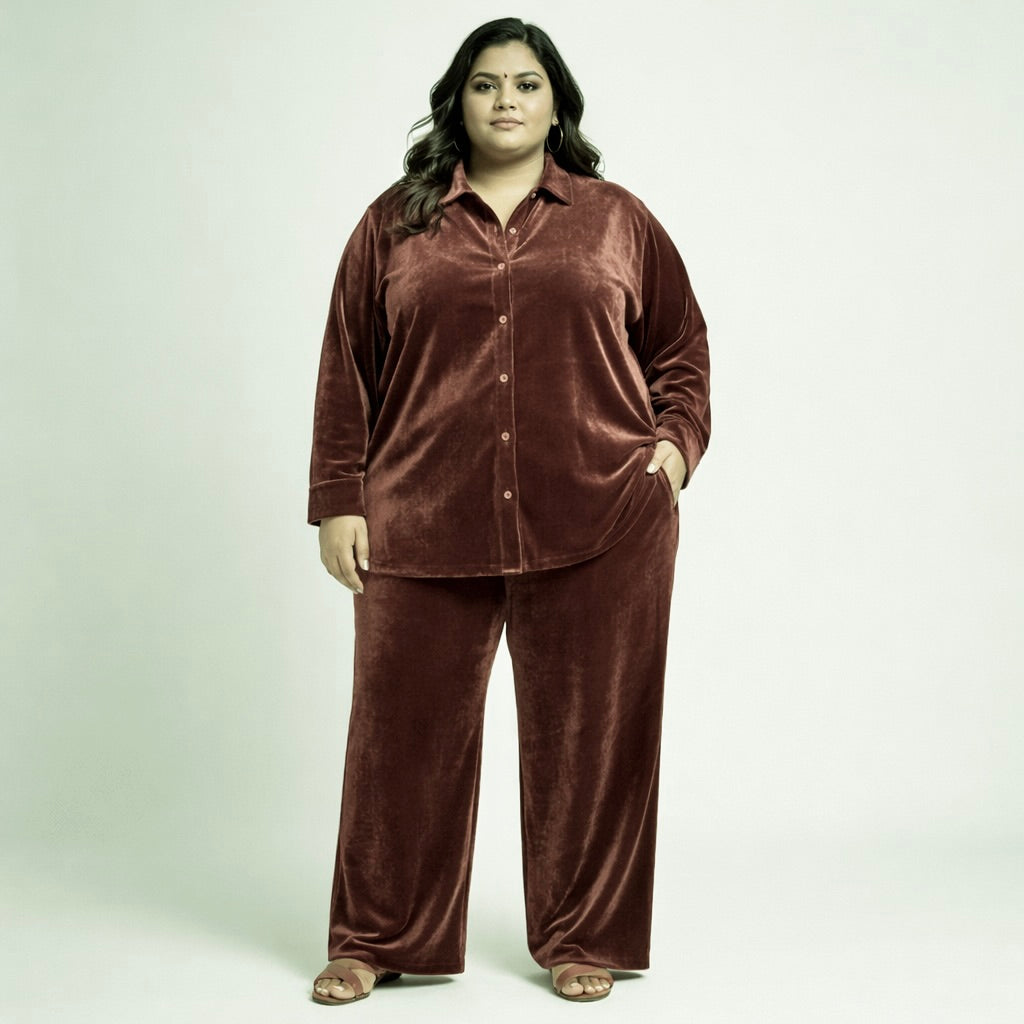 Rose Solid Velvet Plus Size Pant Shirt Co-Ord Set for Women – 10XL