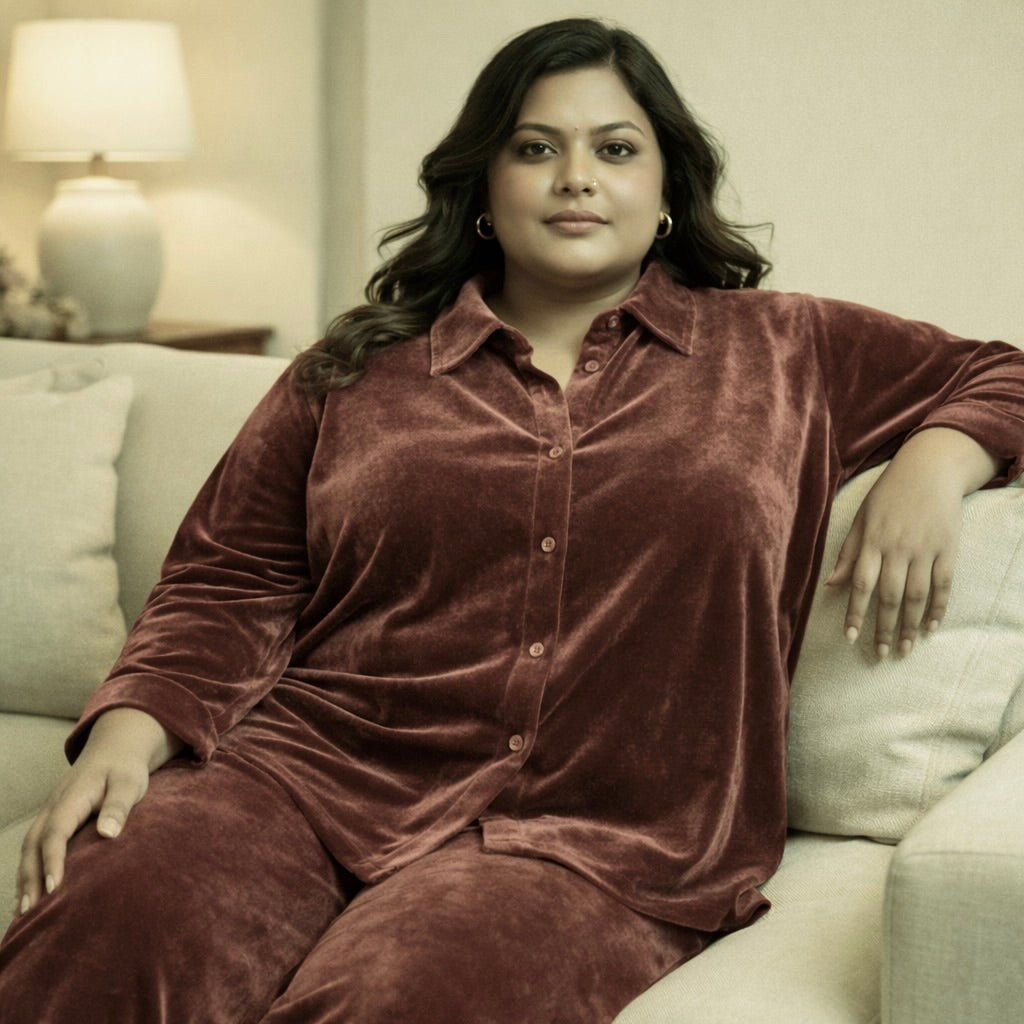 Rose Solid Velvet Plus Size Pant Shirt Co-Ord Set for Women – 8XL