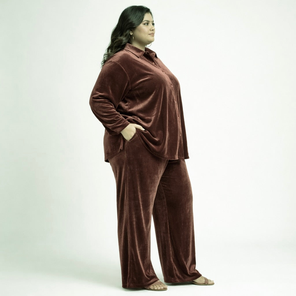 Rose Solid Velvet Plus Size Pant Shirt Co-Ord Set for Women – 5XL