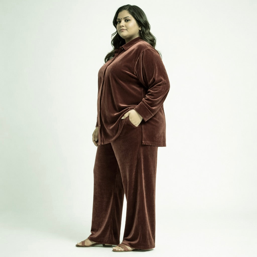 Rose Solid Velvet Plus Size Pant Shirt Co-Ord Set for Women – 5XL