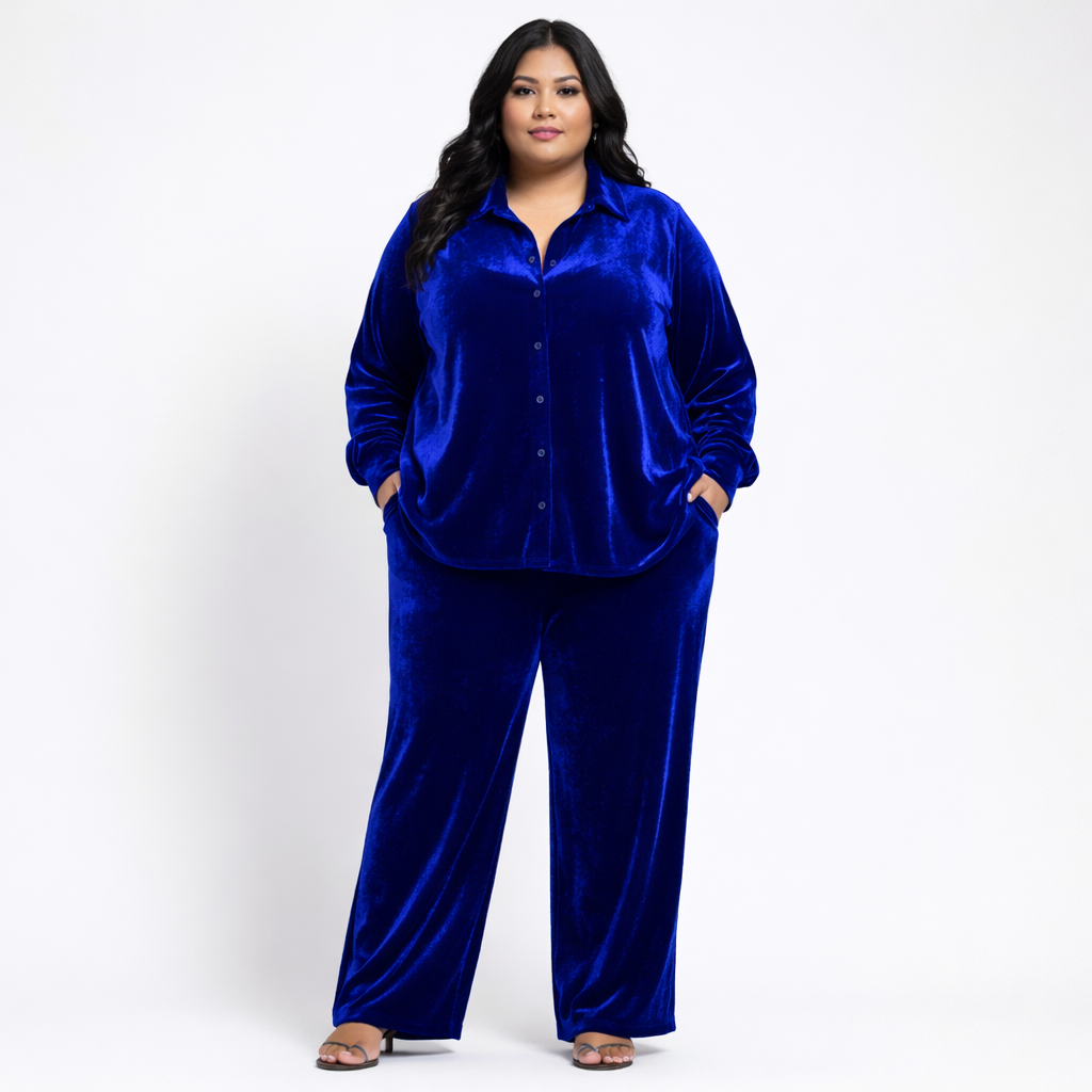 Royal Blue Solid Velvet Plus Size Pant Shirt Co-Ord Set for Women – 6XL