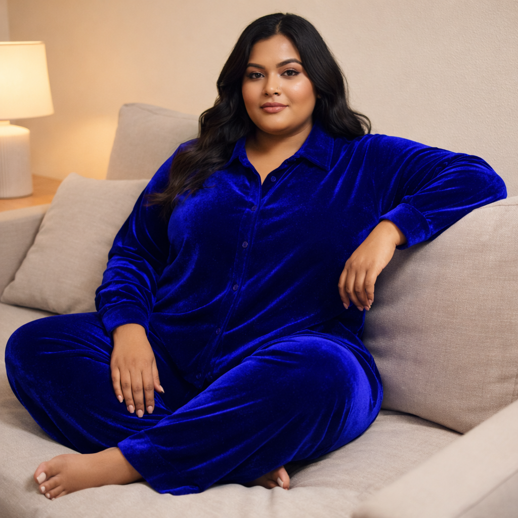 Royal Blue Solid Velvet Plus Size Pant Shirt Co-Ord Set for Women – 5XL