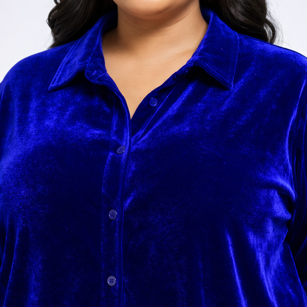 Royal Blue Solid Velvet Plus Size Pant Shirt Co-Ord Set for Women – 6XL