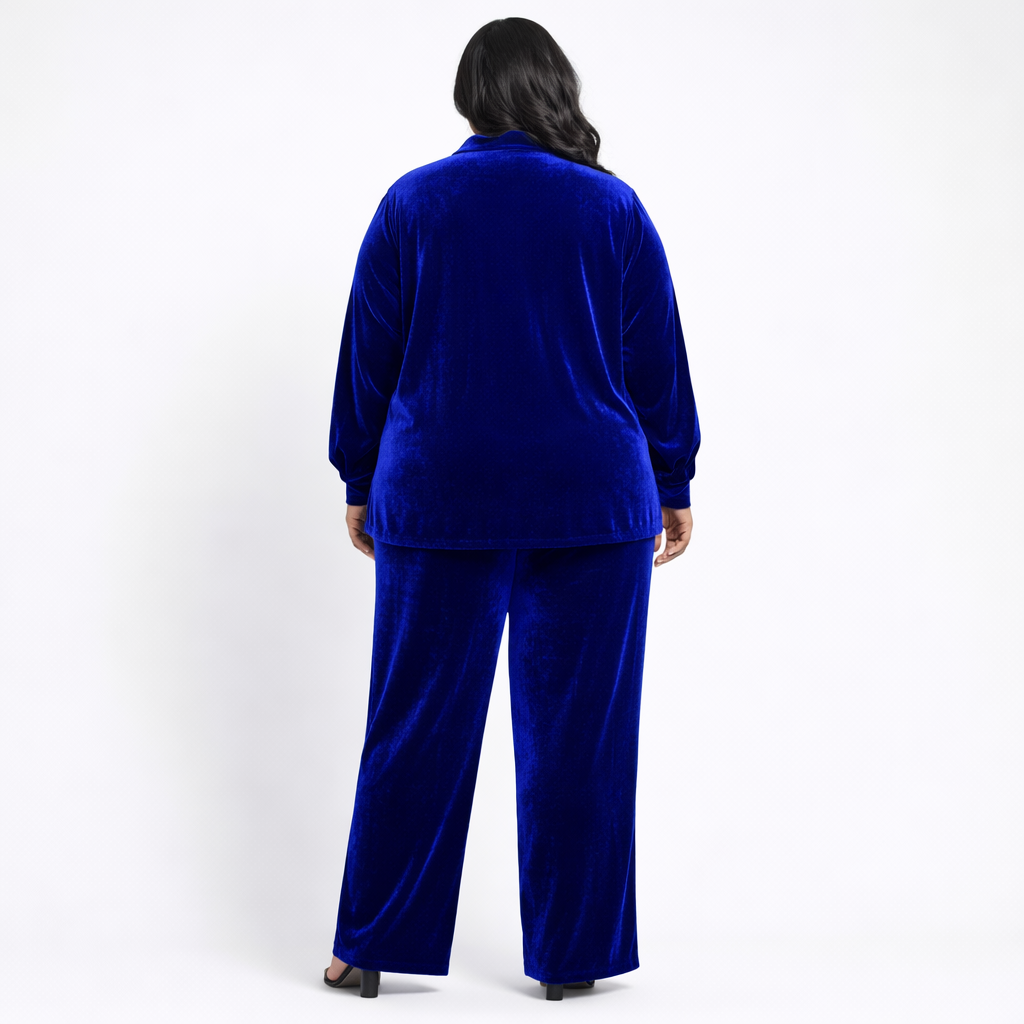 Royal Blue Solid Velvet Plus Size Pant Shirt Co-Ord Set for Women – 6XL