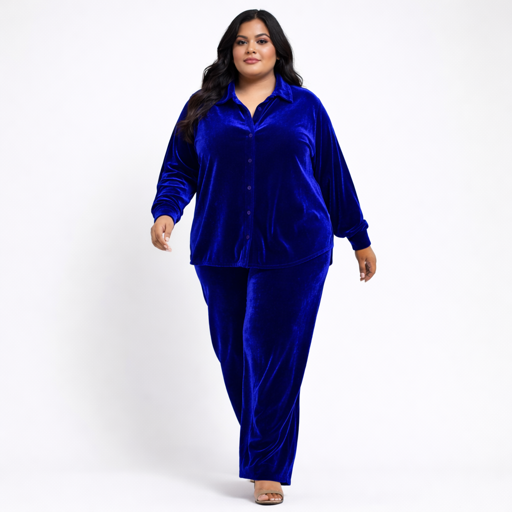 Royal Blue Solid Velvet Plus Size Pant Shirt Co-Ord Set for Women – 6XL