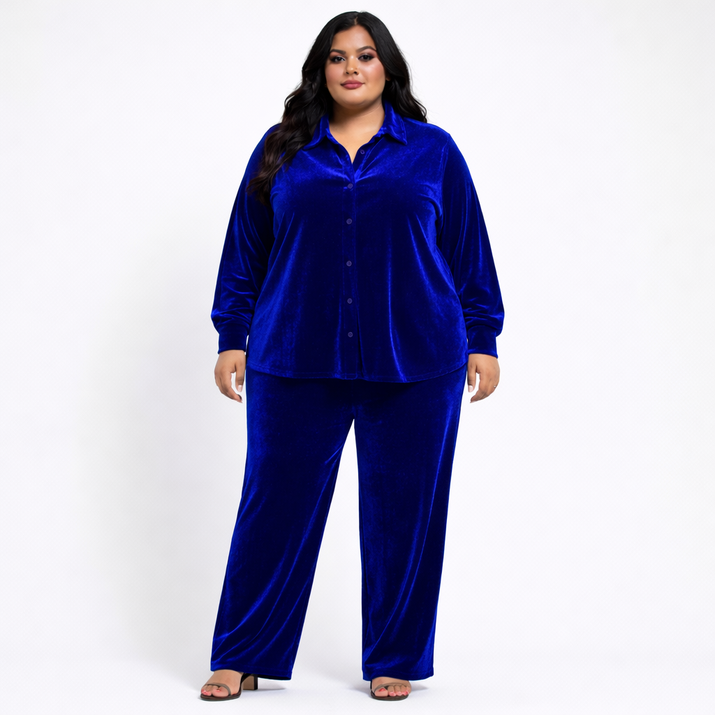 Royal Blue Solid Velvet Plus Size Pant Shirt Co-Ord Set for Women – 6XL