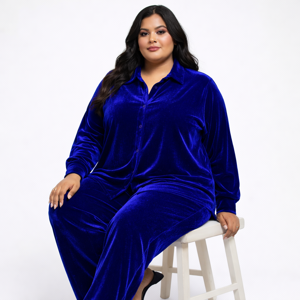 Royal Blue Solid Velvet Plus Size Pant Shirt Co-Ord Set for Women – 5XL
