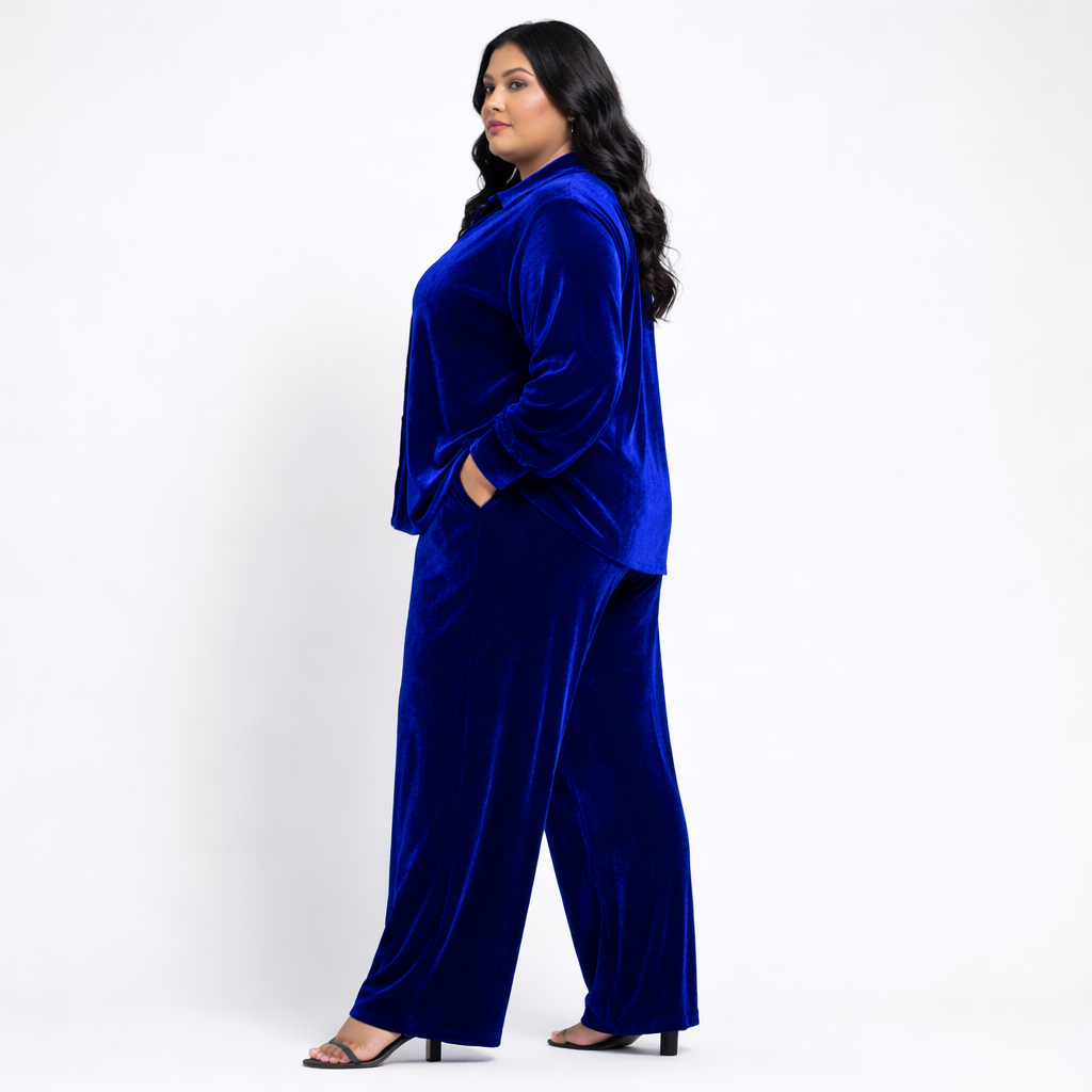 Royal Blue Solid Velvet Plus Size Pant Shirt Co-Ord Set for Women – 5XL