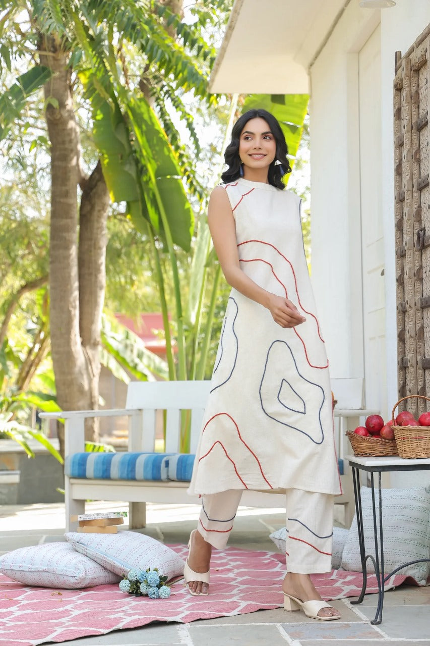 Pure Khadi Sleeveless Embroidered Co-Ord Set with Contrast Thread Work