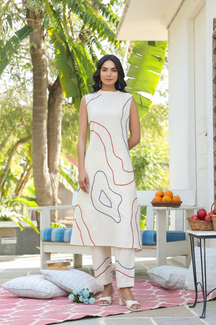 Pure Khadi Sleeveless Embroidered Co-Ord Set with Contrast Thread Work