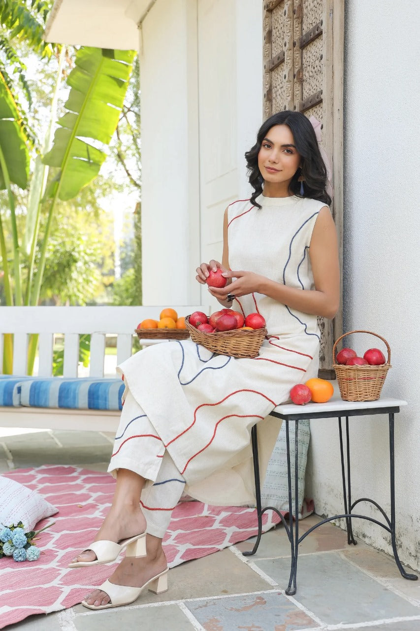 Pure Khadi Sleeveless Embroidered Co-Ord Set with Contrast Thread Work