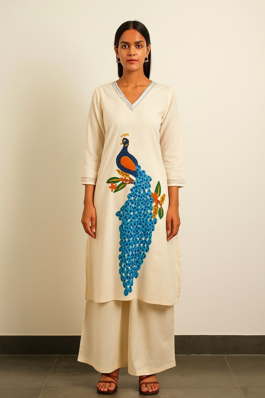 Designer Peacock Embroidery Kurta Pant Set with Multi Thread Work