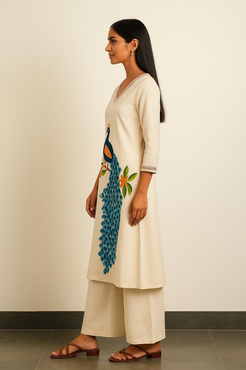 Designer Peacock Embroidery Kurta Pant Set with Multi Thread Work