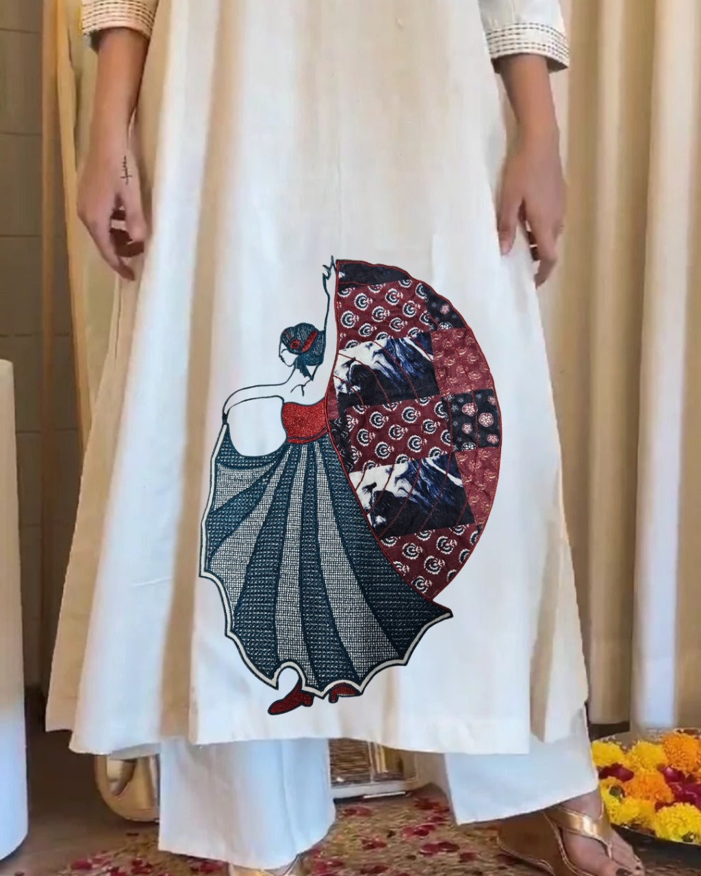 Pure Khadi Linen Straight Cut Kurta Pant Set with Lady Design Embroidery