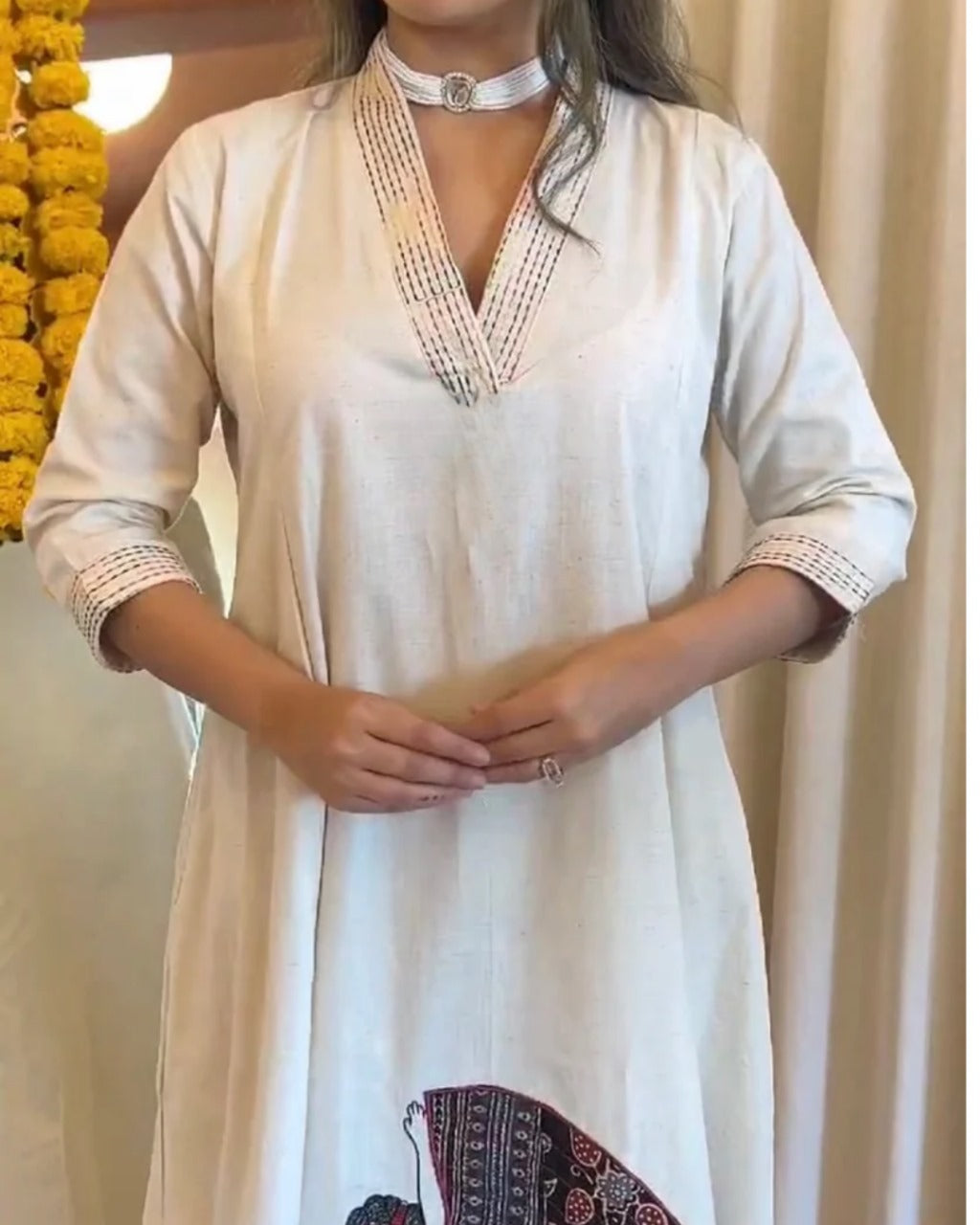 Pure Khadi Linen Straight Cut Kurta Pant Set with Lady Design Embroidery