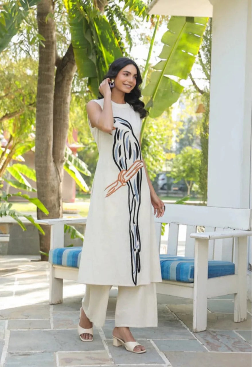 Khadi Silk Peacock Embroidered Kurta Pant Set for Women