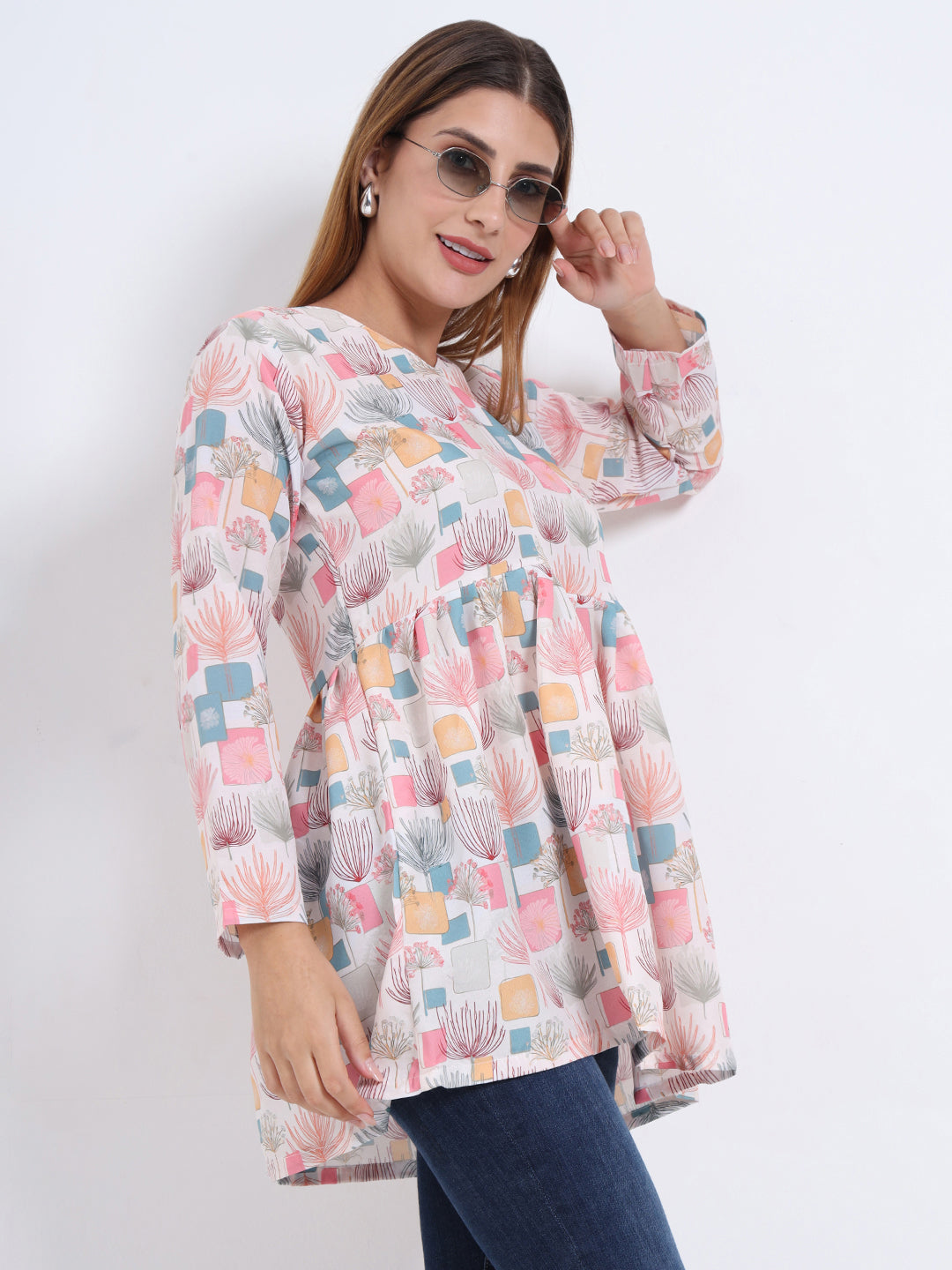 Rayon Multi Colour Digital Print V-Neck Top with 3/4 Sleeves