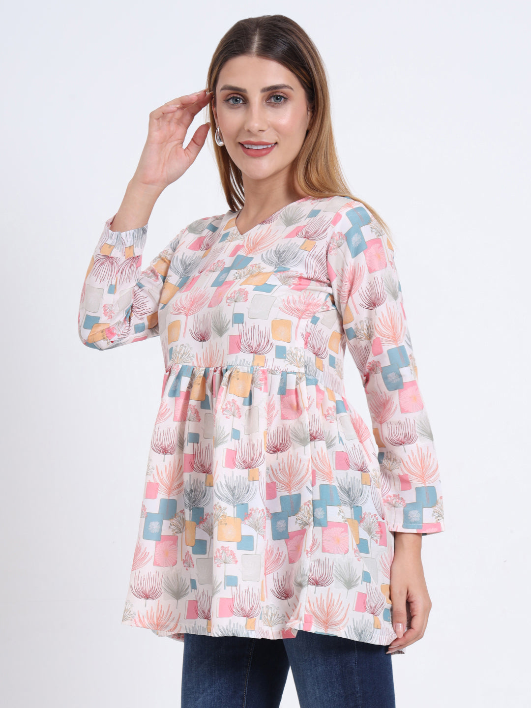 Rayon Multi Colour Digital Print V-Neck Top with 3/4 Sleeves