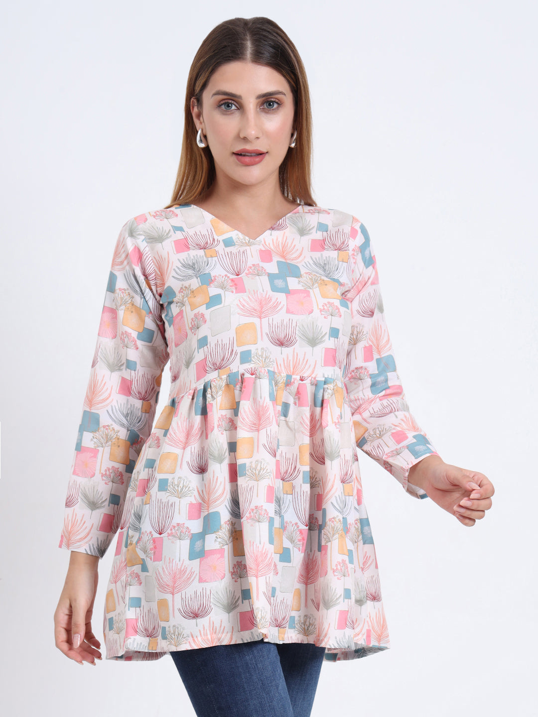 Rayon Multi Colour Digital Print V-Neck Top with 3/4 Sleeves