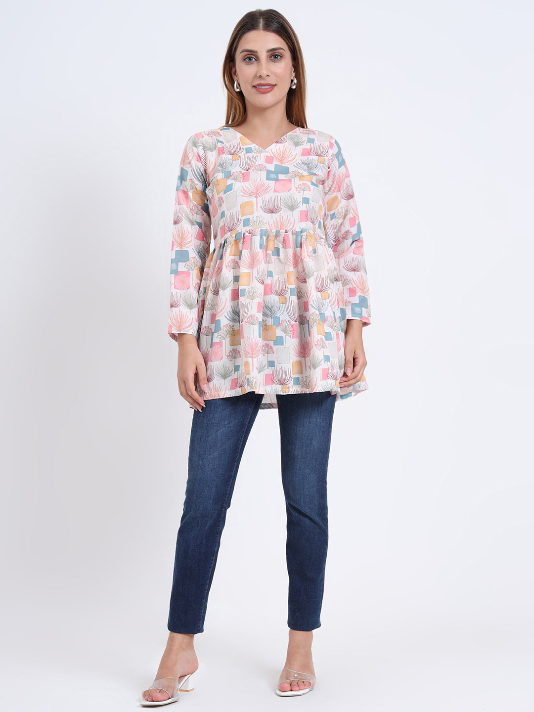 Rayon Multi Colour Digital Print V-Neck Top with 3/4 Sleeves