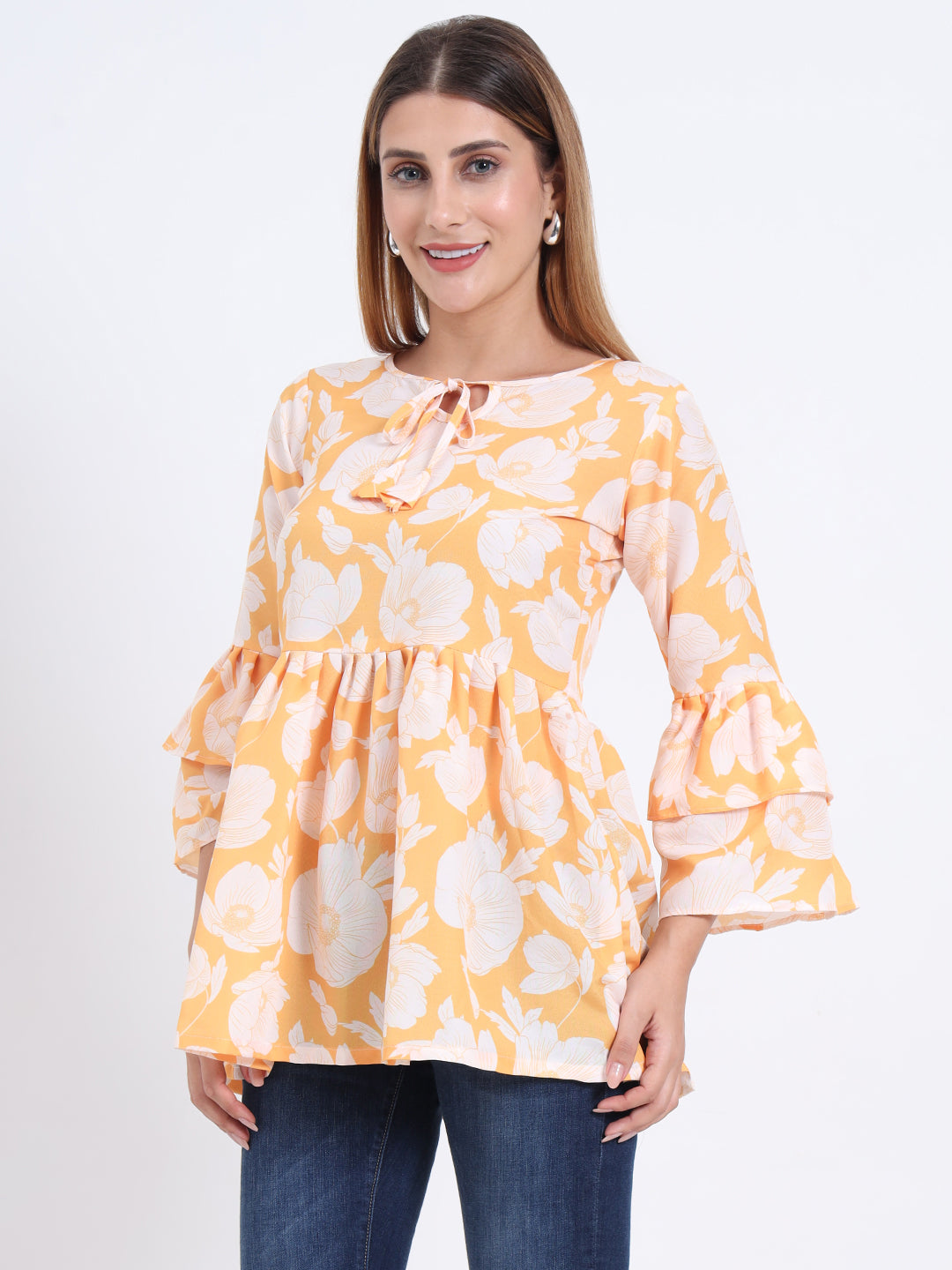 Poly Royal Fabric Top with Frill Design and 3/4 Sleeves for Women
